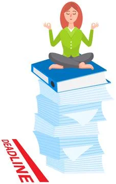 Female employee meditating at workplace on stack of folders to manage stress and Stock Illustration