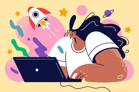 Female employee work on computer on project launch Illustrazione stock