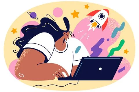 Female employee work on computer on project launch Illustrazione stock