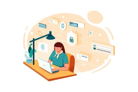 Female employee working on data security Illustration 스톡 일러스트