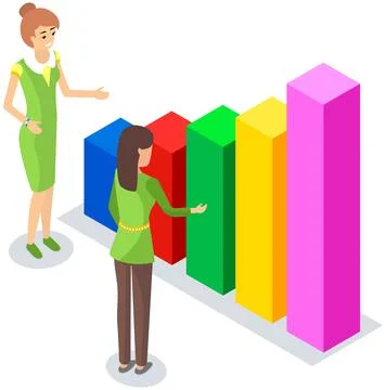 Female employees analyze data, statistical indicators on bar chart, working in Stock Illustration