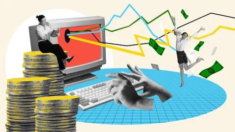 Female employees, office workers developing profitable company strategy, earning Foto stock