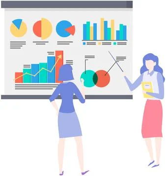 Female employees work with data analysis. Women analysing diagrams, statistical Stock Illustration