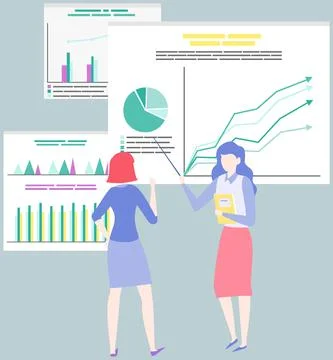 Female employees work with data analysis. Women analysing diagrams, statistical Stock Illustration