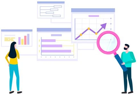 Female employees work with data analysis. Women analysing diagrams, statistical Stock Illustration