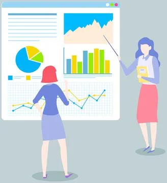 Female employees work with data analysis. Women analysing diagrams, statistical Stock Illustration