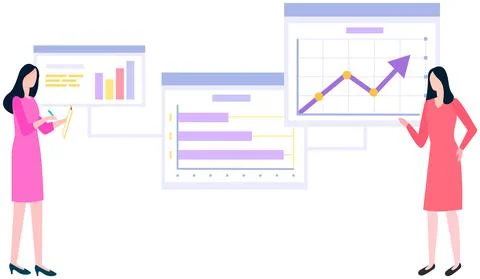 Female employees work with data analysis. Women analysing diagrams, statistical Stock Illustration