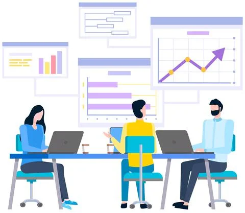 Female employees work with data analysis. Women analysing diagrams, statistical Stock Illustration