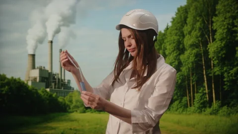 Female engineer analyzing air sample near smoking factory Vídeos de archivo 312008335