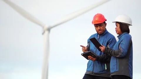 A female engineer and a male technician are talking about wind turbine systems Video stock 144893553