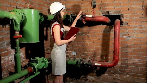 Female engineer asks the worker to close the valves. Male worker close ball Stock Footage 77124878