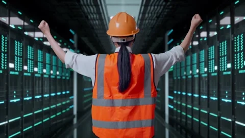 Female Engineer Celebrating While Working in Data Center Video stock 321994038
