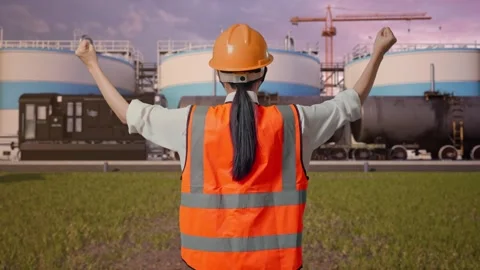 Female Engineer Celebrating While Working at Oil Refinery Stock Footage 340143488