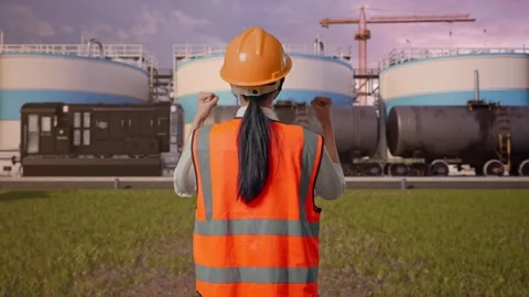 Female Engineer Celebrating While Working at Oil Refinery Stock Footage 340143494