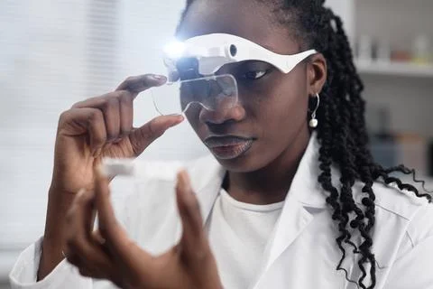 Female Engineer Checking 3D Sample with Magnifying Glasses Stock Photos