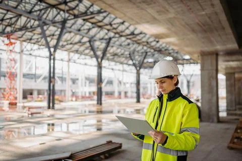 Female engineer checking building documentation on clipboard at construction Fotos de archivo