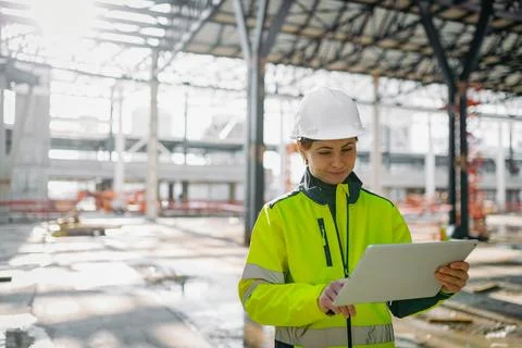 Female engineer checking building documentation on clipboard at construction Fotos de archivo