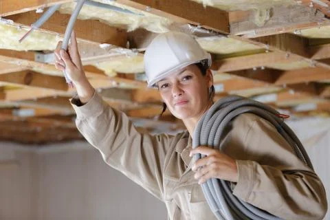 Female engineer checking cables in a construction site Foto stock