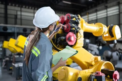 A female engineer checking documented items after installing a program on ... 스톡 사진