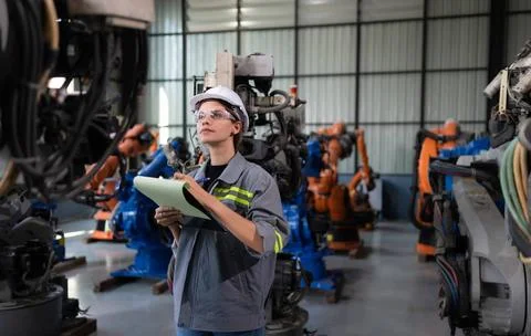 A female engineer checking documented items after installing a program on ... Stockfoto's