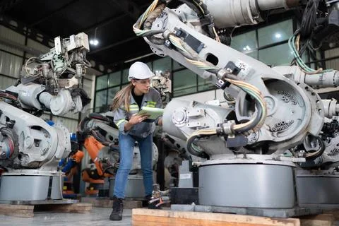 A female engineer checking documented items after installing a program on ... 스톡 사진