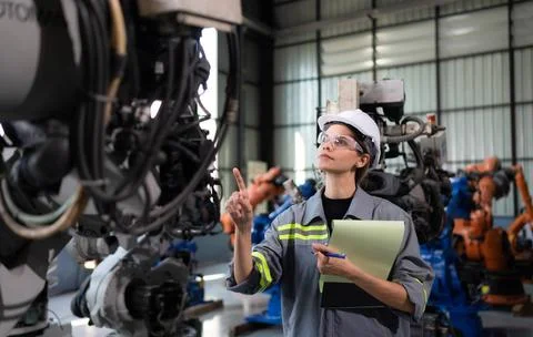 A female engineer checking documented items after installing a program on ... Stock Photos
