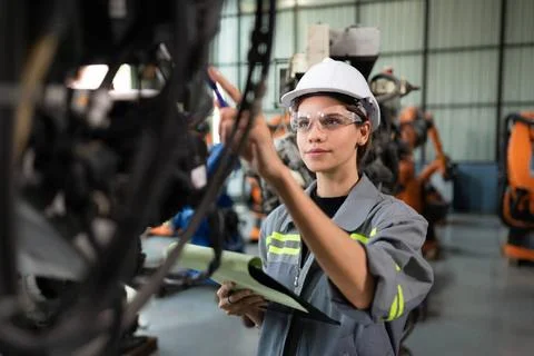 A female engineer checking documented items after installing a program on ... Stockfoto's