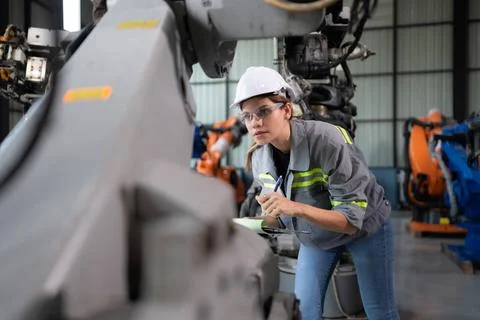 A female engineer checking documented items after installing a program on ... Stock Photos