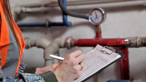 Female engineer checks the data of the heating system equipment in the boiler Stock Footage 103490457