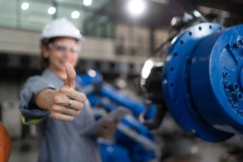 A female engineer completed the updating software and calibrating a roboti... Foto stock