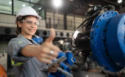 A female engineer completed the updating software and calibrating a roboti... Stockfoto's