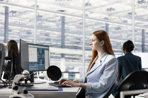 Female engineer configuring PCB electronic hardware setups using computer 写真素材