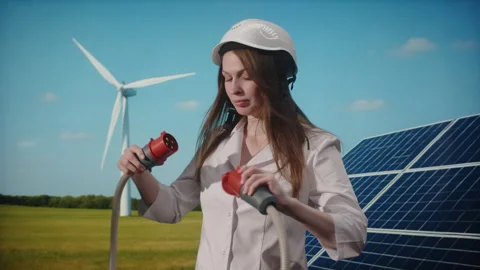 Female engineer connecting power cables near solar panels and wind turbine Video stock 312008281