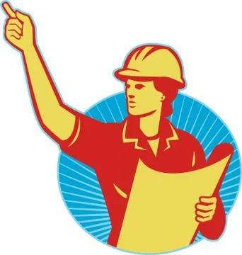 Female engineer construction worker pointing retro. Illustrazione stock