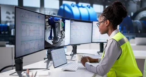 Female Engineer Creating 3D CAD Drawings Of Industrial Plant Layout 스톡 사진