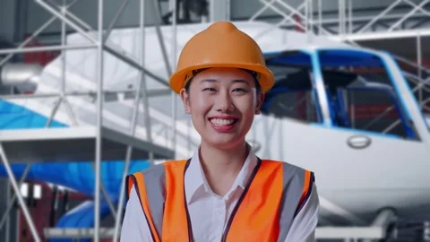 Female Engineer Crossing Her Arms And Smiling and Inspecting Helicopter Stock Footage 312127157