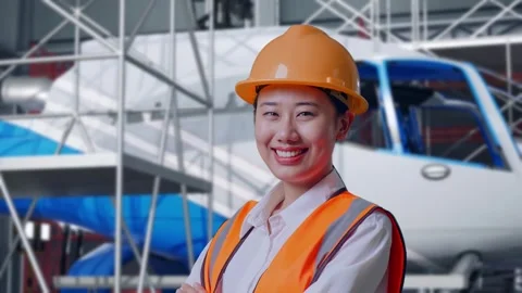 Female Engineer Crossing Her Arms And Smiling and Inspecting Helicopter Stock Footage 312127236