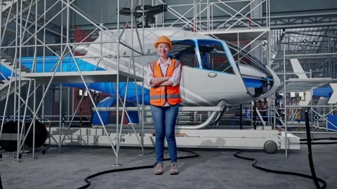 Female Engineer Crossing Her Arms And Smiling and Inspecting Helicopter Stock Footage 312127378