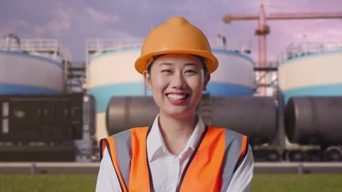 Female Engineer Crossing Her Arms And Smiling at Oil Refinery Stock Footage 340143548