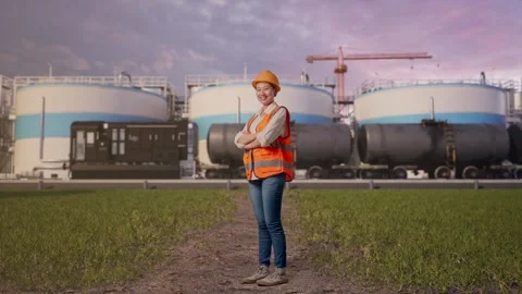Female Engineer Crossing Her Arms at Oil Refinery Stock Footage 340144841
