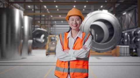 Female Engineer Crossing Her Arms And Smiling at Heavy Factory Stock Footage 340822279