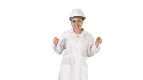 Female engineer dancing on white background. Stock Photos