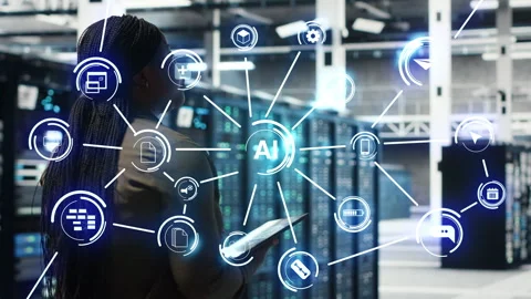 Female engineer in data center using AI on tablet to run simulation, overlay Stock Footage 333167084