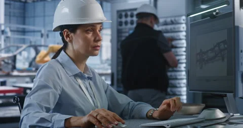 Female Engineer Designing 3D Vehicle Chassis Model on Factory PC Screen Stock Footage 344390715