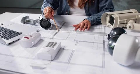Female Engineer Designing Office Security System With CCTV Cameras 写真素材