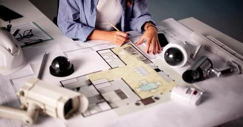 Female Engineer Designs CCTV Security Alarm System For Construction Project Foto stock