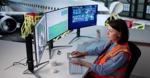 Female Engineer Developing 3D Aerospace Software For Aircraft Maintenance 写真素材