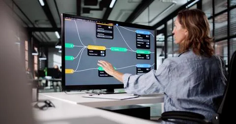 Female Engineer Developing AI Software Using Node Editor For Business Researc Stock Photos