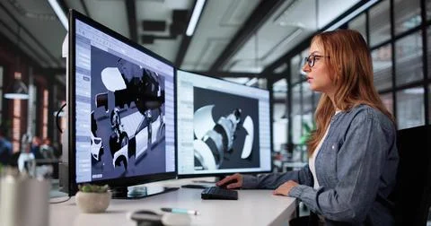Female Engineer Developing Electric Car Model Using CAD Software In Office. Stock Photos