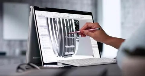 Female Engineer Developing Mechanical Parts Using 3D CAD Software On Laptop 库存照片